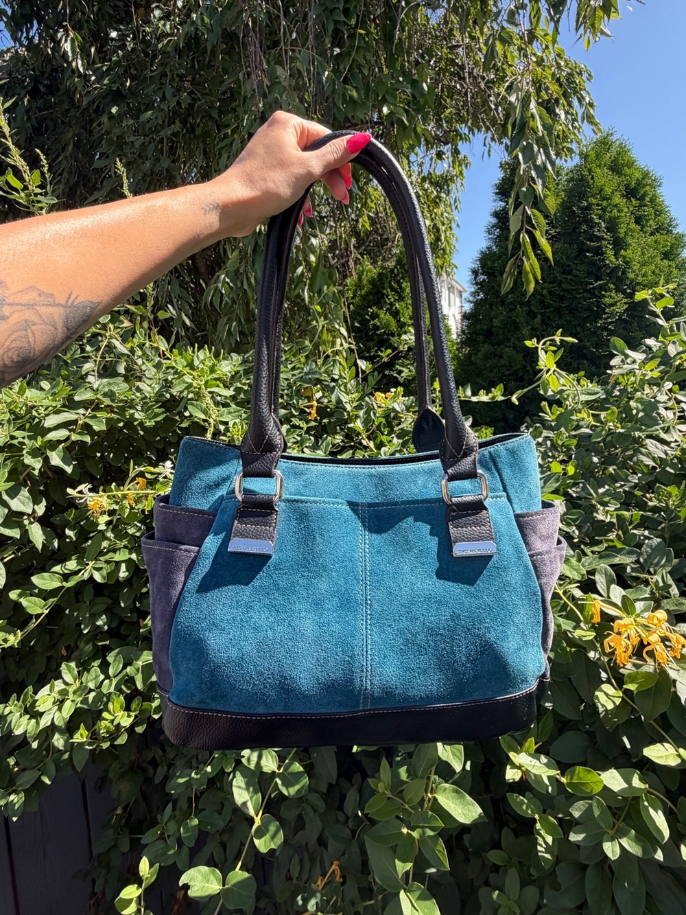 Vintage Y2K Tignanello Blue Suede Shoulder Bag Hobo Purse